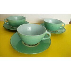 Vintage Duralex France Moss Green 1960's glass Cup and Saucer set of 3